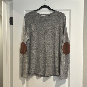 Gray Crewneck Sweater with Suede Elbow Patches